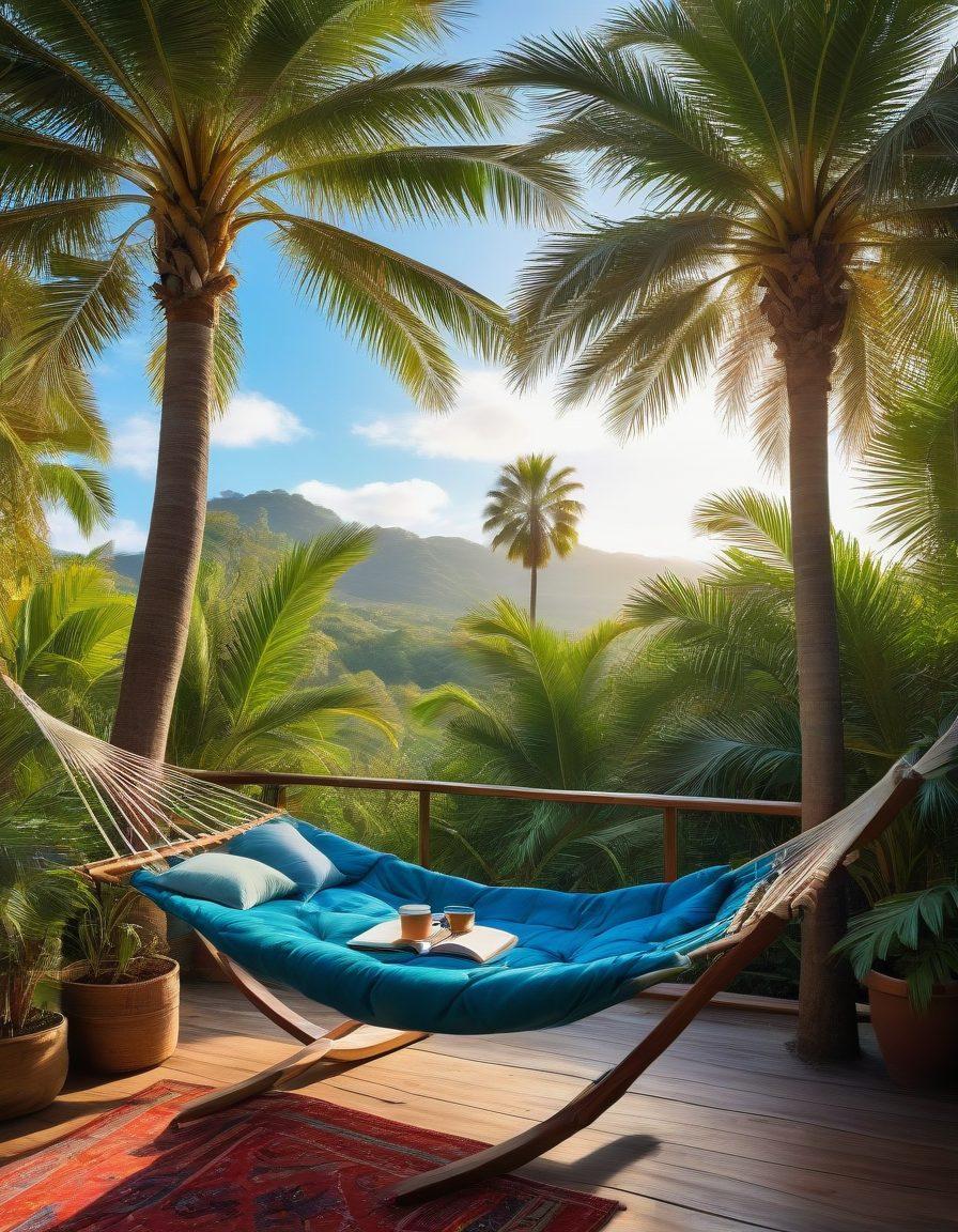 A serene outdoor scene showcasing a cozy hammock strung between two palm trees, swaying gently under a bright blue sky, symbolizing relaxation and the Barbosa lifestyle. In the foreground, a small wooden table holds a steaming cup of herbal tea, a journal, and a colorful array of tropical fruits, embodying joy and contentment. Lush greenery surrounds the area, with sunlight filtering through the leaves, enhancing the peaceful atmosphere. The warm and inviting colors contrast vividly with the calmness of the scene. super-realistic. vibrant colors. peaceful ambiance.