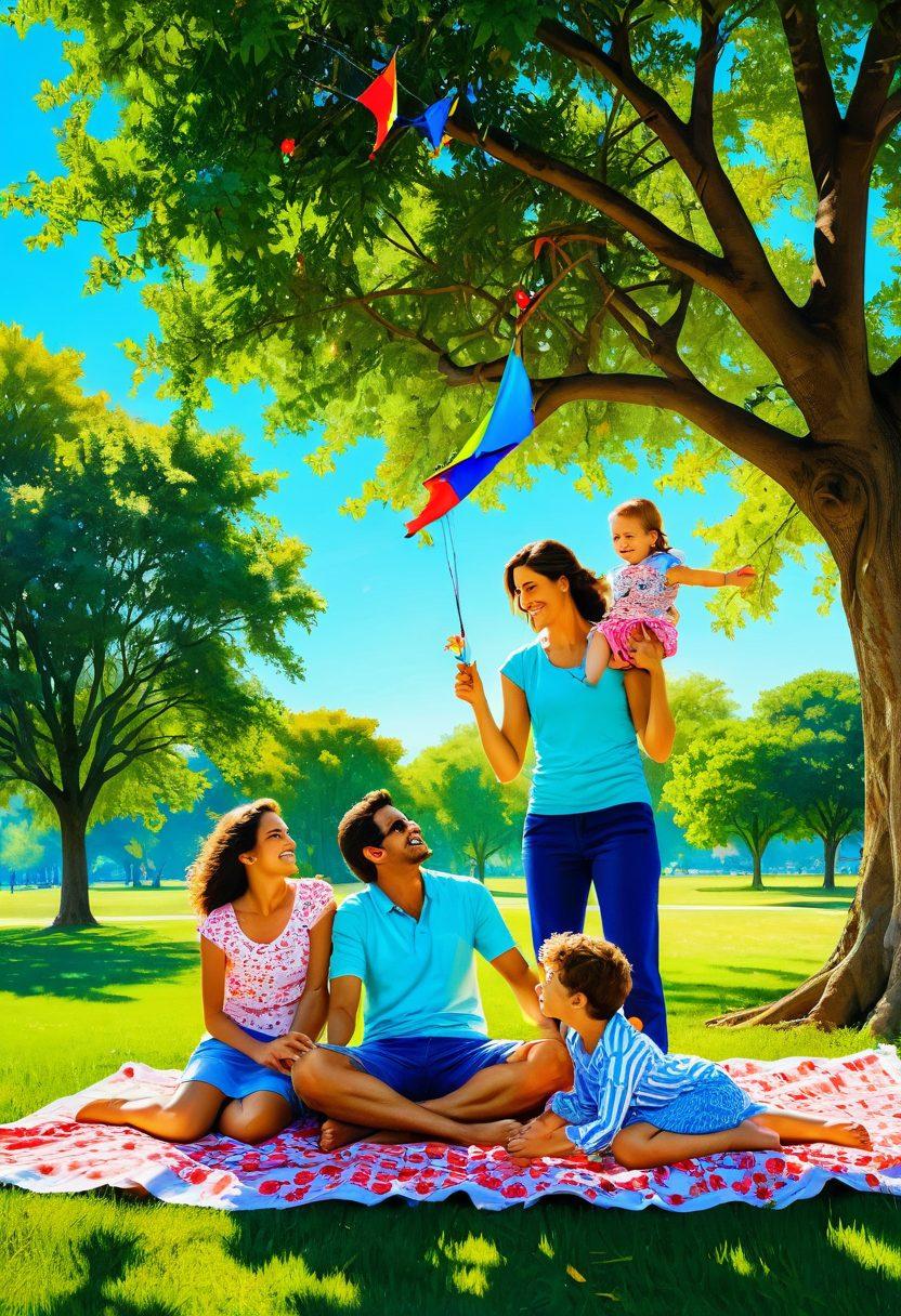 A happy family portrait featuring the Barbosa family enjoying a sunny day in a lush green park. The parents are engaged in a joyful activity with their children, laughing and sharing a picnic under a large tree, surrounded by vibrant flowers. Include a kite flying in the bright blue sky, conveying a sense of freedom and bliss. Capture the warmth and love of the family dynamic. super-realistic. vibrant colors. natural setting.