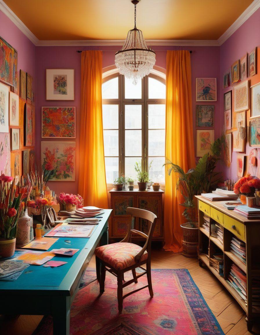 A vibrant and whimsical design studio filled with colorful fabrics and artistic tools, showcasing a creative atmosphere. Feature a collage of stunning G. Barbosa designs, including unique patterns and textiles draping elegantly in the background. Add an artist happily working on a new piece, surrounded by sketches and mood boards. Enhance with soft, glowing light to evoke a sense of ecstatic creativity. super-realistic. vibrant colors. eclectic style.